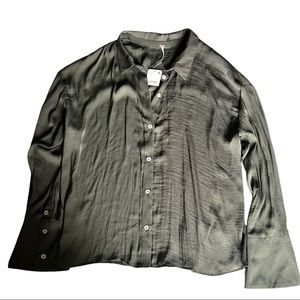 Free People Tan Relaxed Button Down Shirt with Mandarin Collar